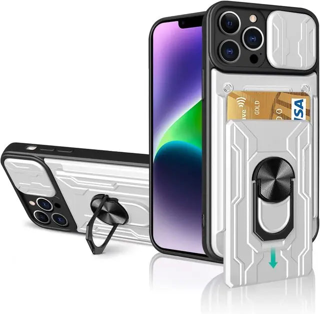 Case para iPhone militar Ultra slim suporte anel 360 câmera magnética slot para cartão.