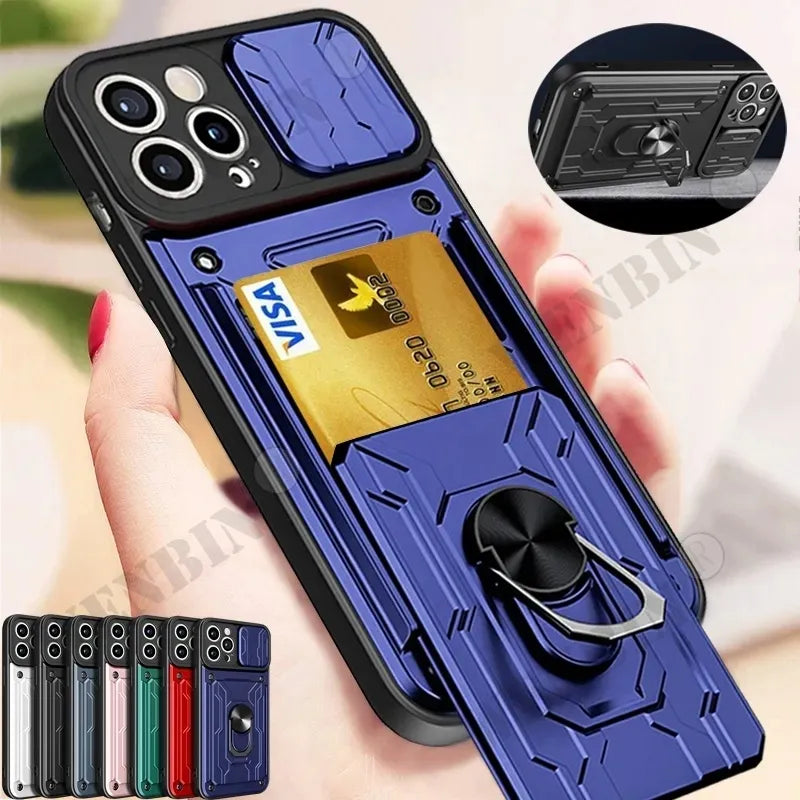 Case para iPhone militar Ultra slim suporte anel 360 câmera magnética slot para cartão.